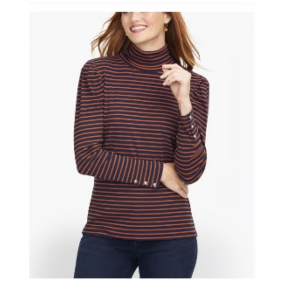 Talbots striped turtleneck with puffed shoulders. Navy/Brown. Size small. - Picture 8 of 8